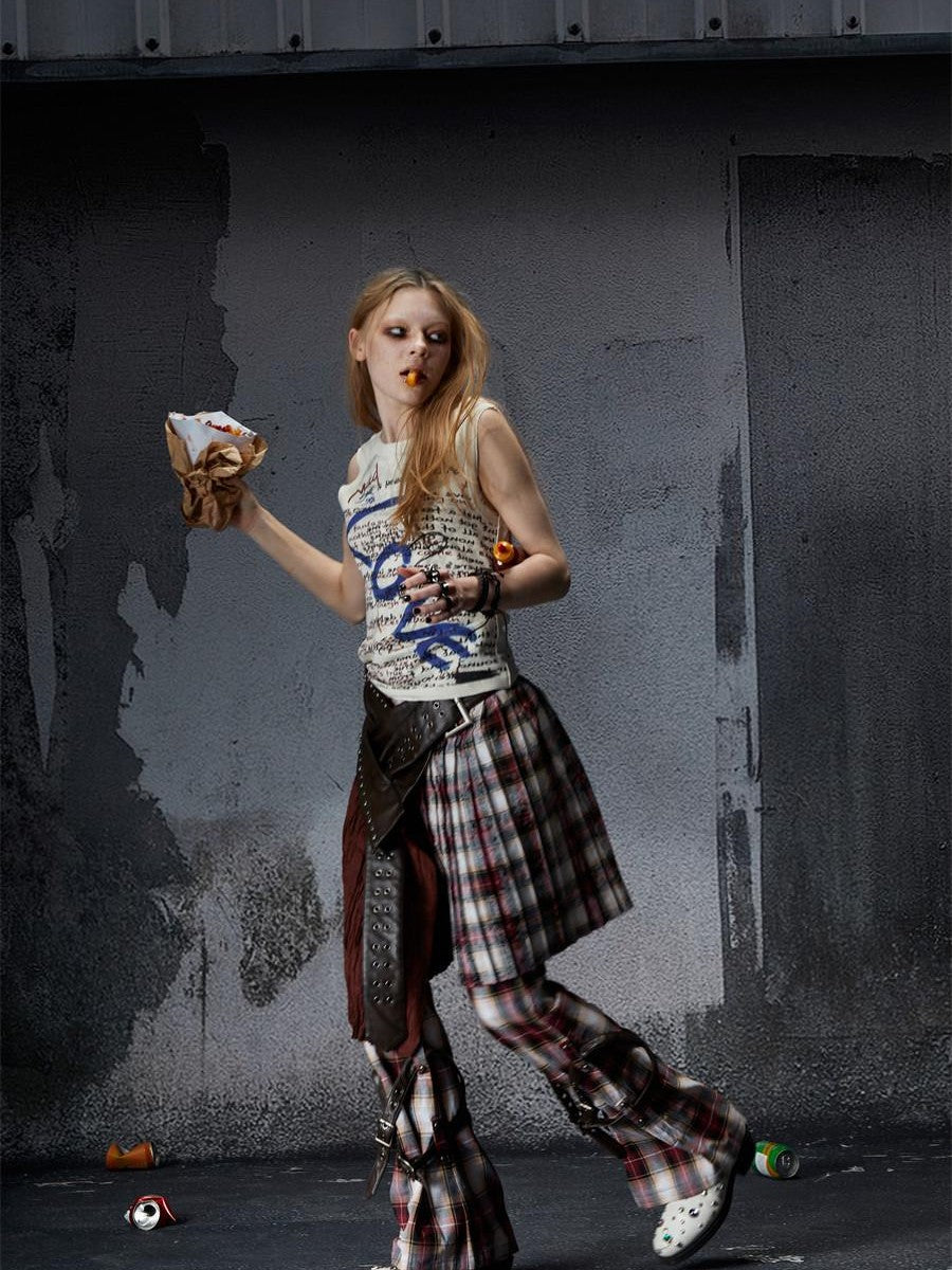 FULLTIDE Vintage Plaid Asymmetric Pocket High Waist Women&
