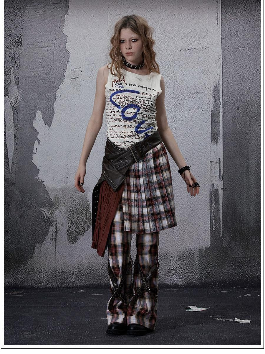 FULLTIDE Vintage Plaid Asymmetric Pocket High Waist Women&