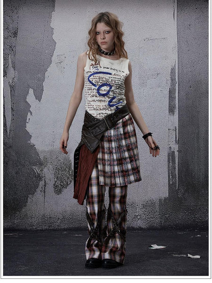 FULLTIDE Vintage Plaid Asymmetric Pocket High Waist Women&