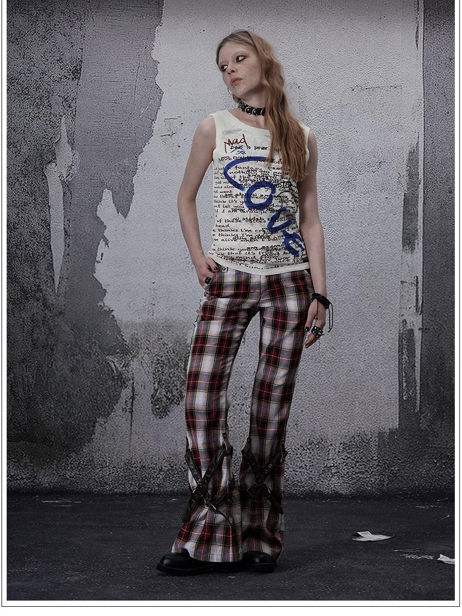 FULLTIDE Vintage Plaid Asymmetric Pocket High Waist Women&