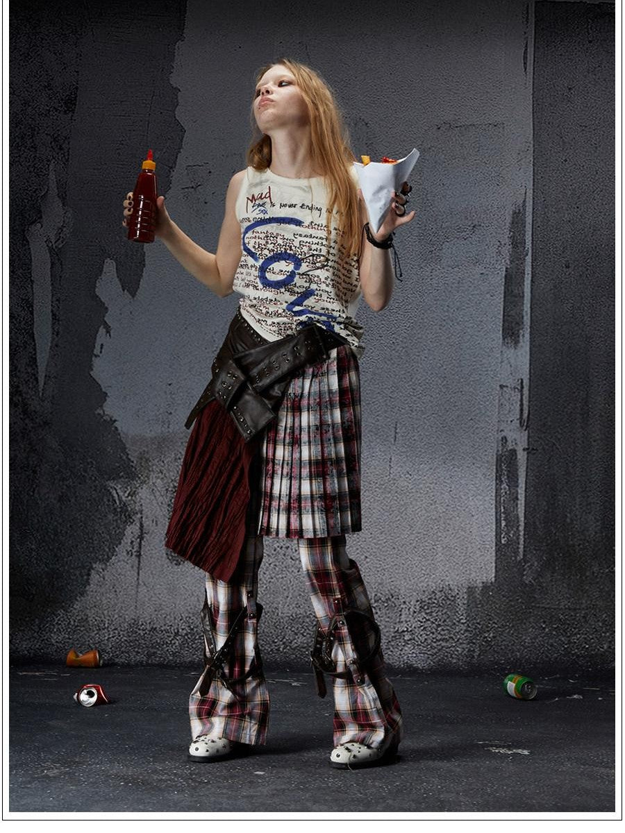 FULLTIDE Vintage Plaid Asymmetric Pocket High Waist Women&