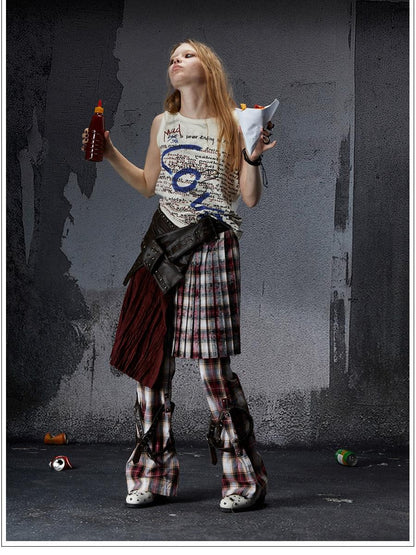 FULLTIDE Vintage Plaid Asymmetric Pocket High Waist Women&