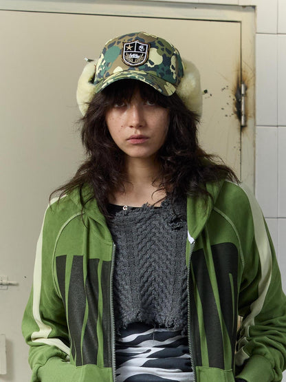 FULLTIDE Warm Thick Camouflage Wide Brim Distressed Cotton Zipper Unisex Hat