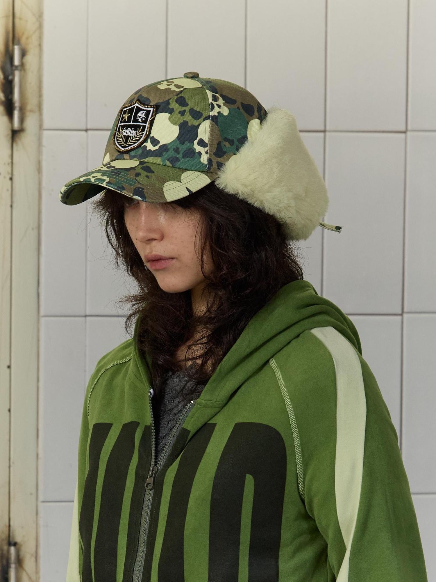 FULLTIDE Warm Thick Camouflage Wide Brim Distressed Cotton Zipper Unisex Hat