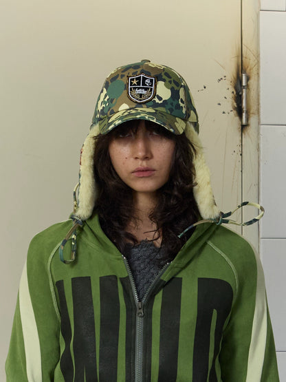 FULLTIDE Warm Thick Camouflage Wide Brim Distressed Cotton Zipper Unisex Hat