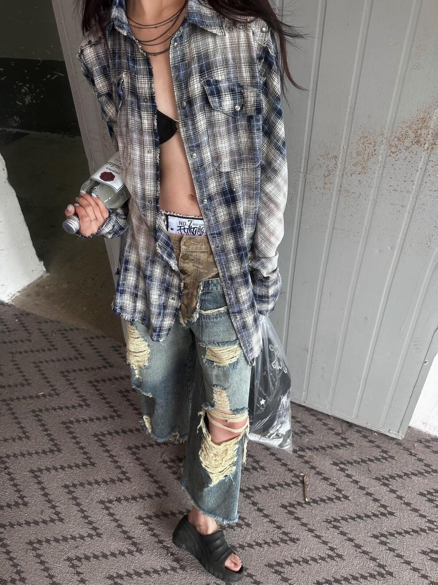 FULLTIDE Washed Blue Studded Checked Tie Dye Workwear Women&