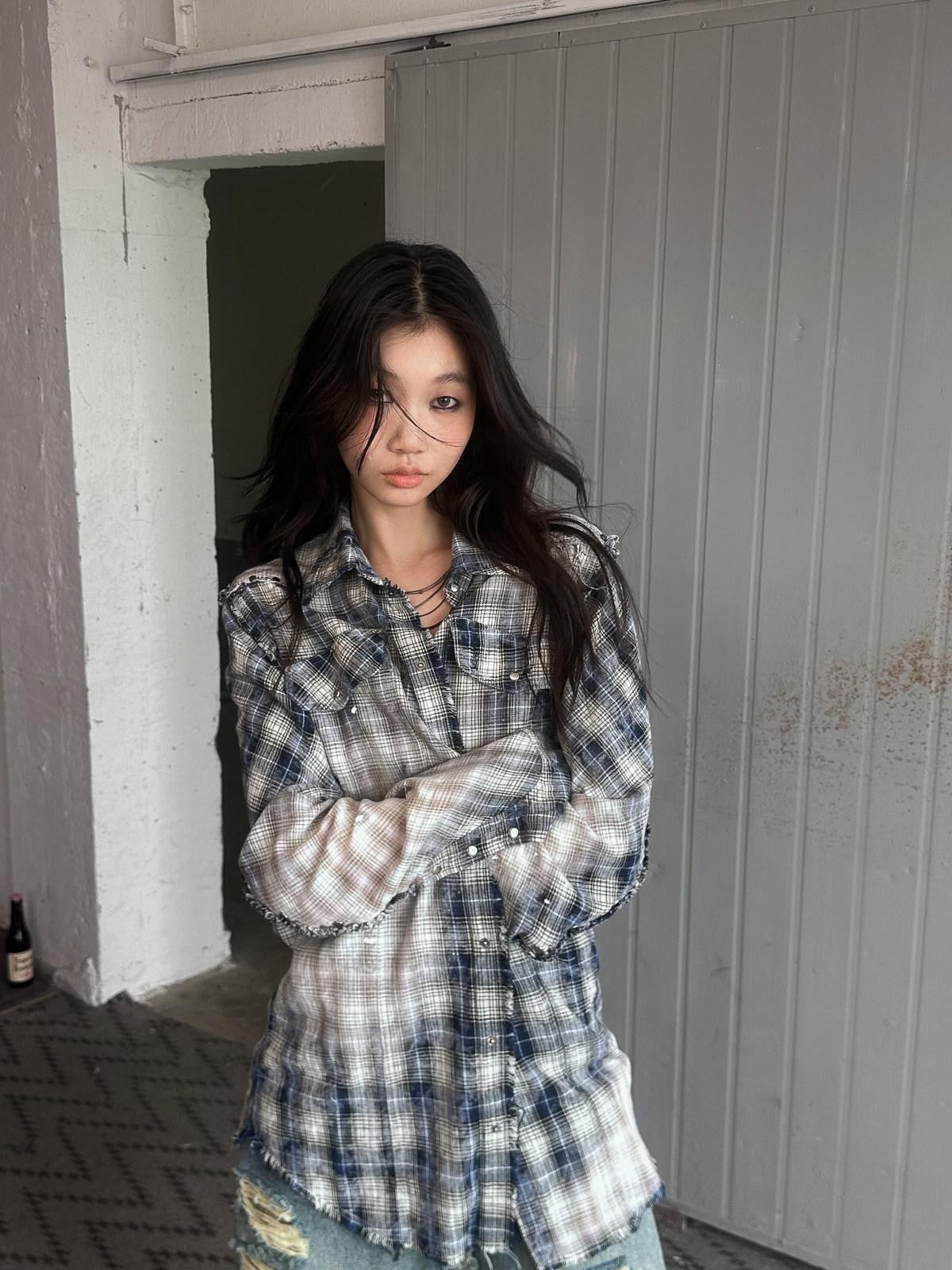 FULLTIDE Washed Blue Studded Checked Tie Dye Workwear Women&