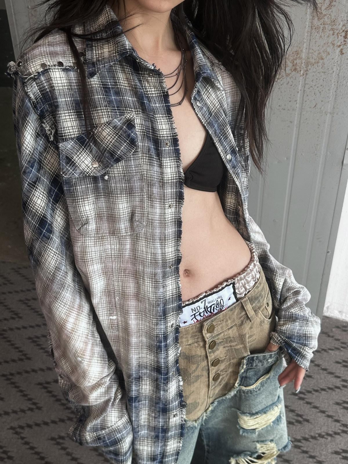 FULLTIDE Washed Blue Studded Checked Tie Dye Workwear Women&