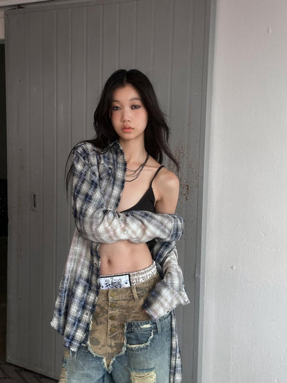 FULLTIDE Washed Blue Studded Checked Tie Dye Workwear Women&