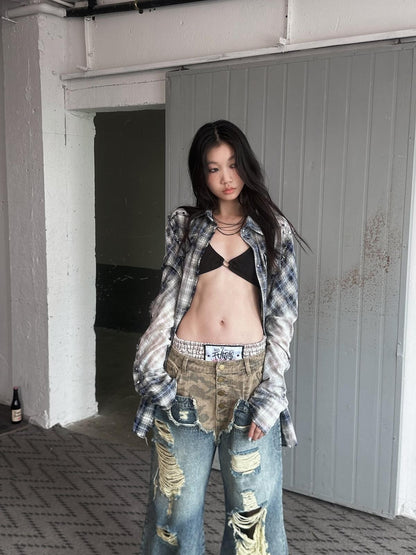 FULLTIDE Washed Blue Studded Checked Tie Dye Workwear Women&