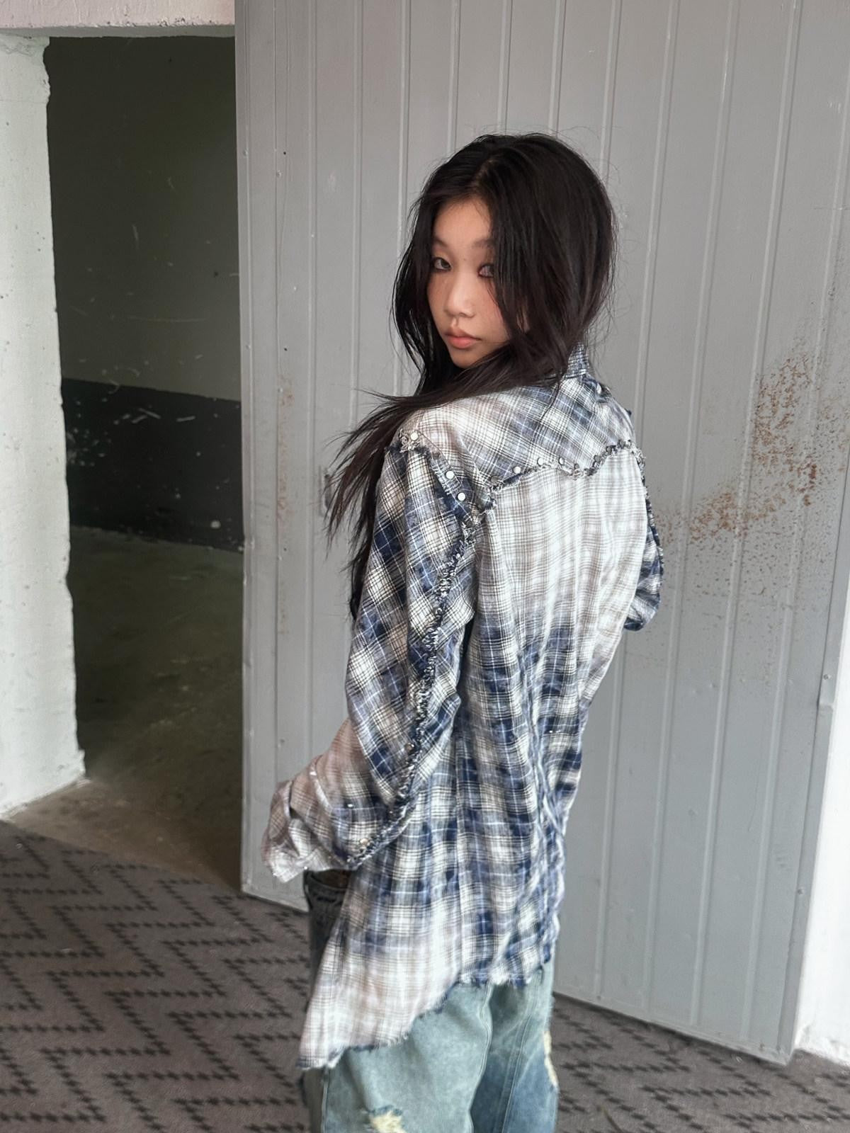 FULLTIDE Washed Blue Studded Checked Tie Dye Workwear Women&