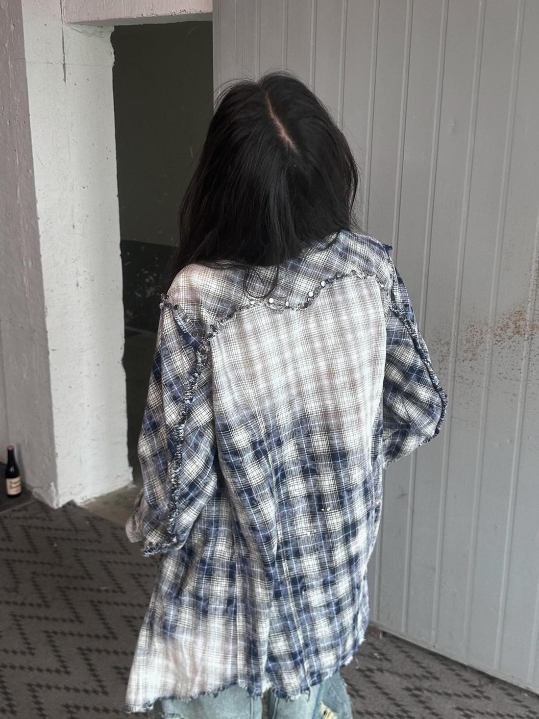 FULLTIDE Washed Blue Studded Checked Tie Dye Workwear Women&