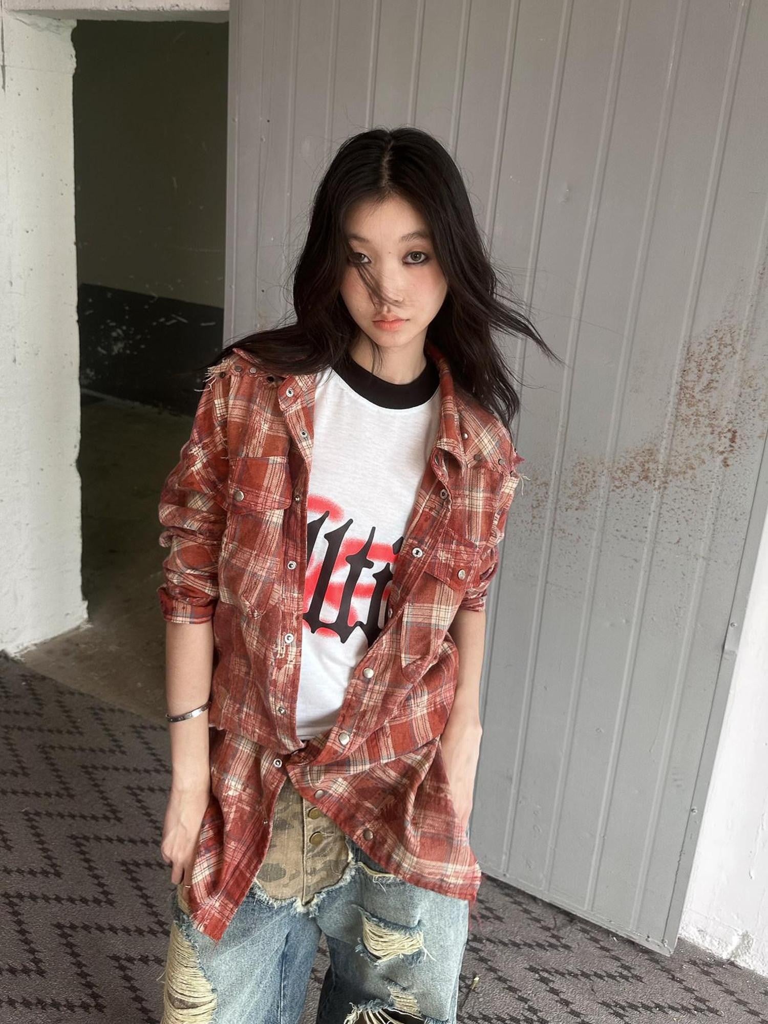 FULLTIDE Washed Blue Studded Checked Tie Dye Workwear Women&