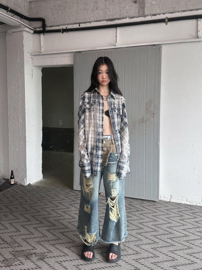 FULLTIDE Washed Blue Studded Checked Tie Dye Workwear Women&
