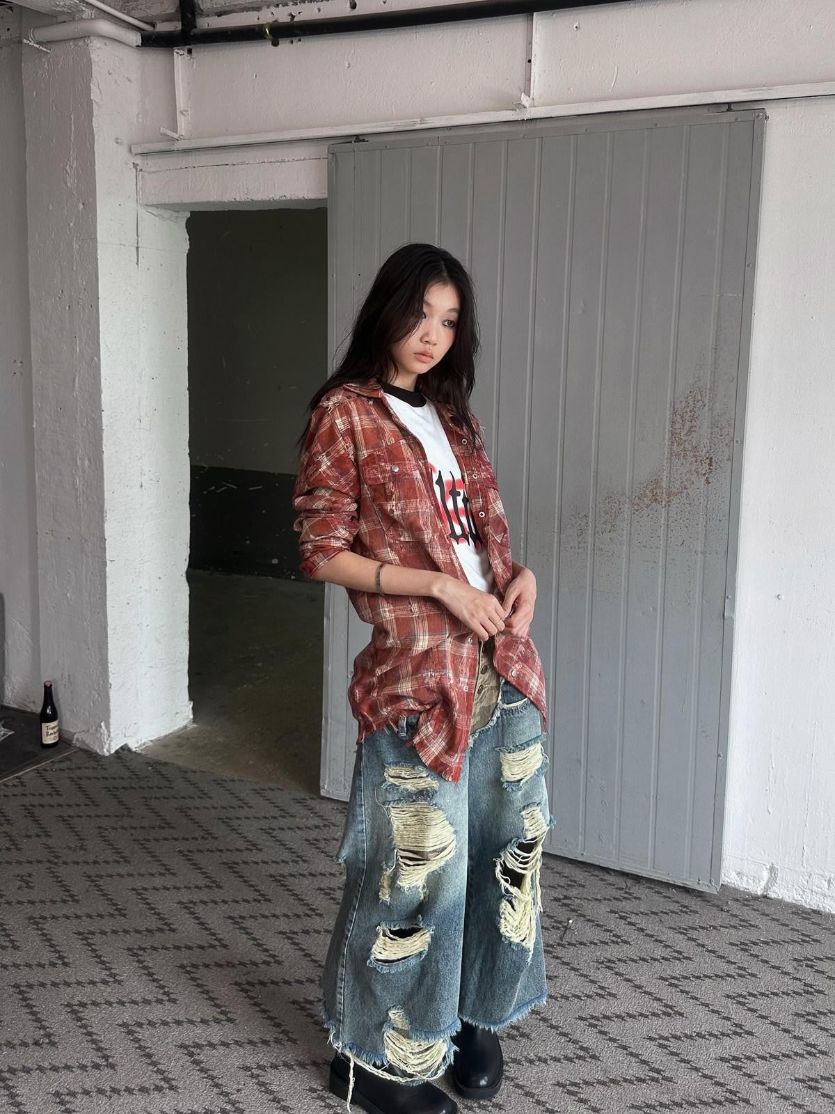 FULLTIDE Washed Blue Studded Checked Tie Dye Workwear Women&