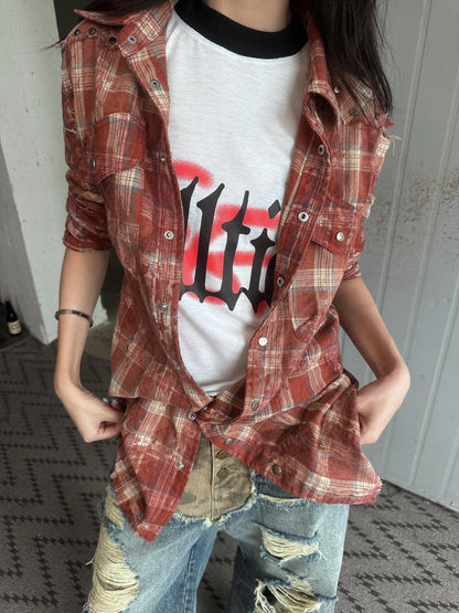 FULLTIDE Washed Blue Studded Checked Tie Dye Workwear Women&