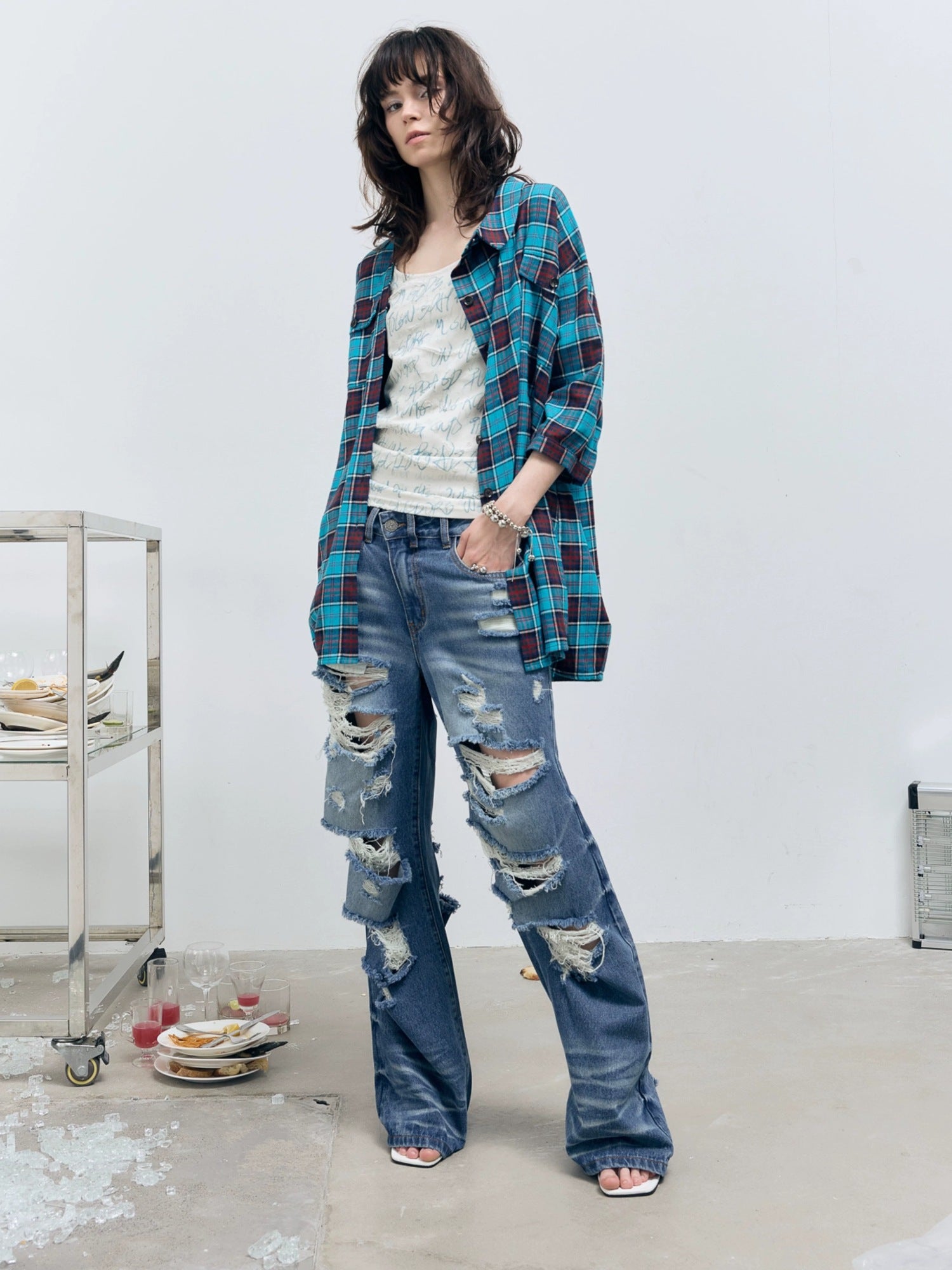 FULLTIDE Washed Casual Low Rise Wide Leg Zip Fly Loose Fit Stretch Blue Denim Jeans