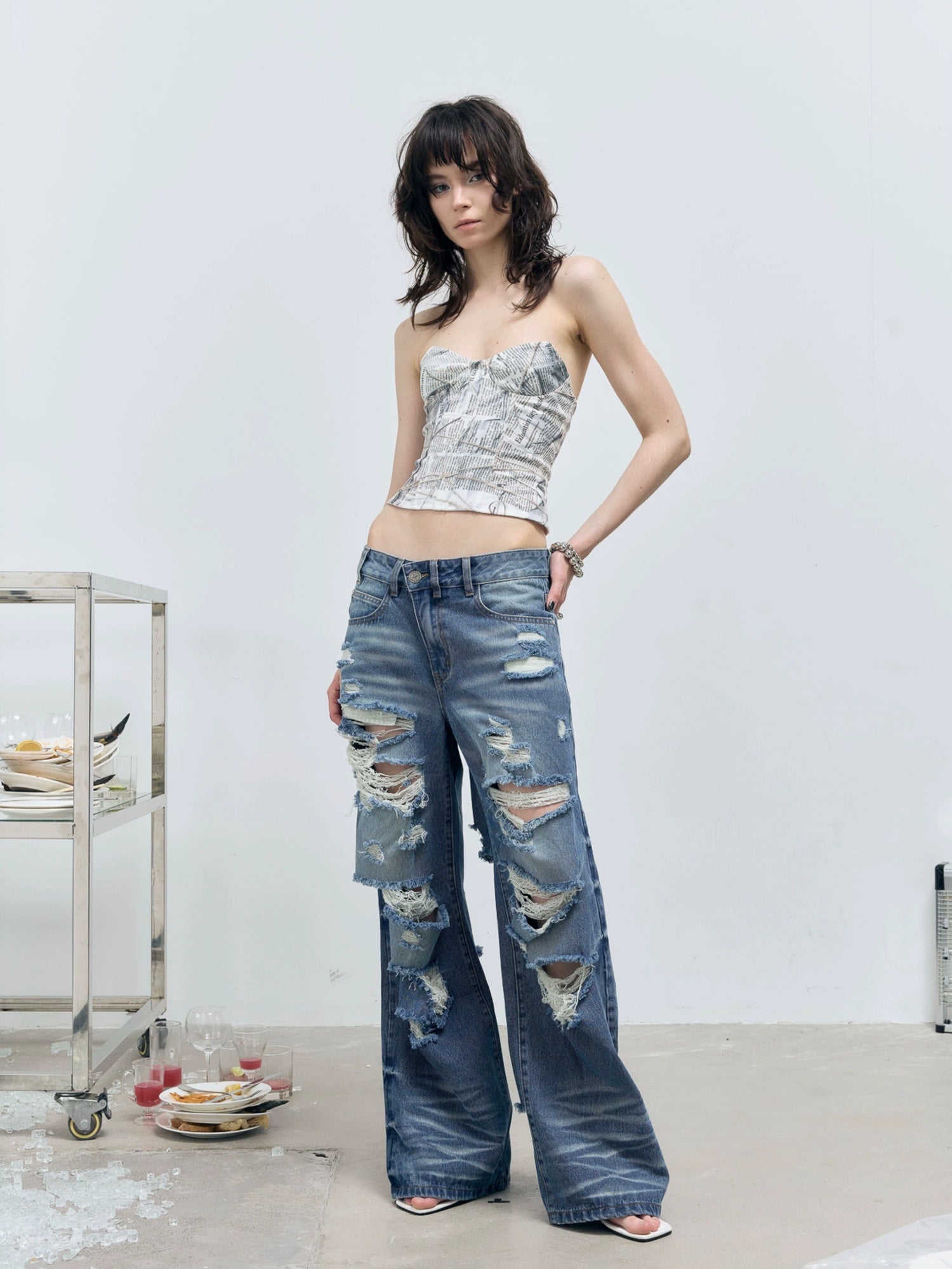 FULLTIDE Washed Casual Low Rise Wide Leg Zip Fly Loose Fit Stretch Blue Denim Jeans