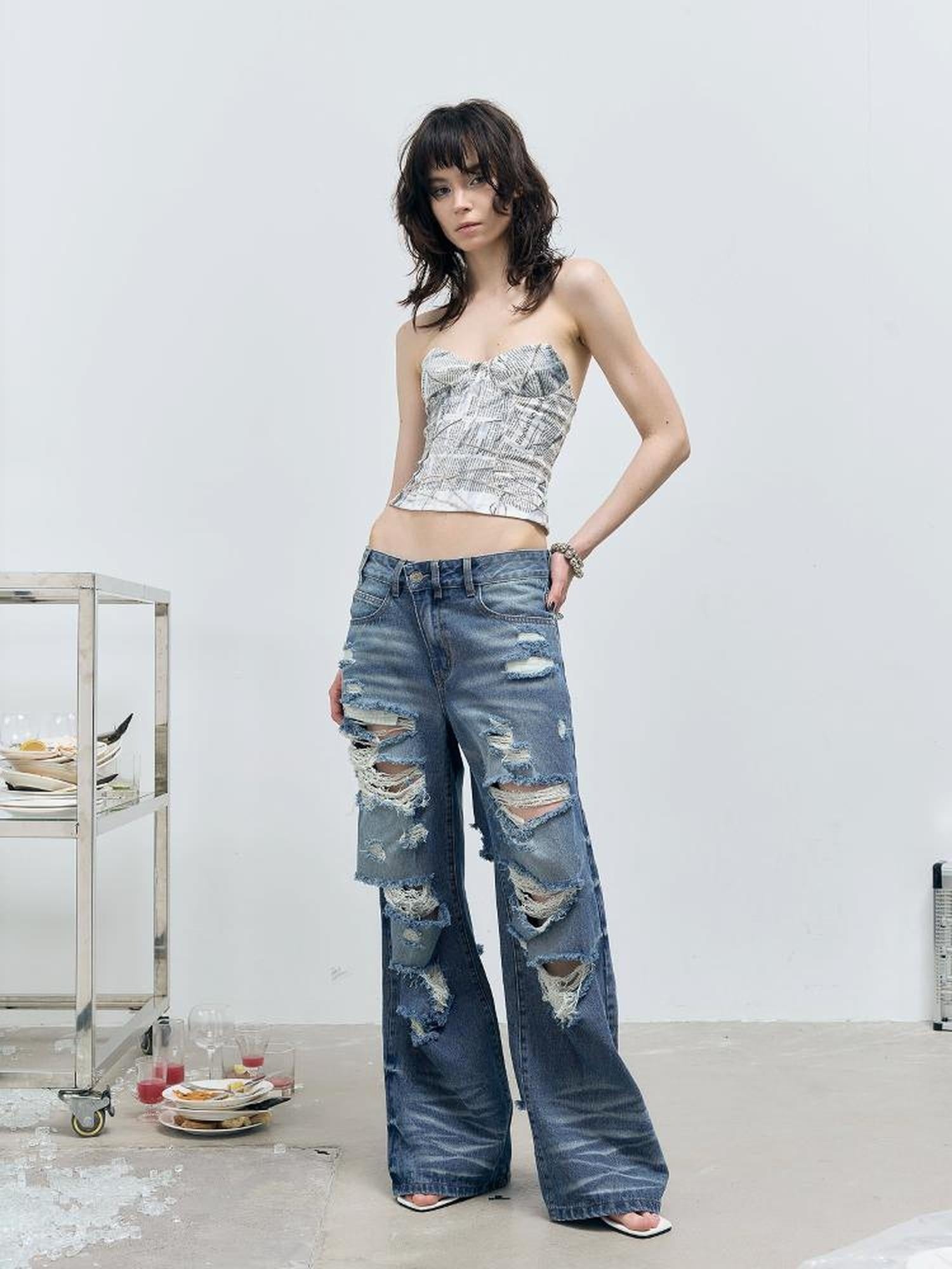 FULLTIDE Washed Casual Low Rise Wide Leg Zip Fly Loose Fit Stretch Blue Denim Jeans