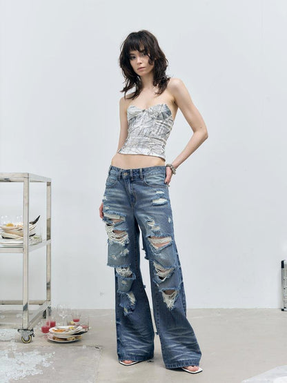 FULLTIDE Washed Casual Low Rise Wide Leg Zip Fly Loose Fit Stretch Blue Denim Jeans