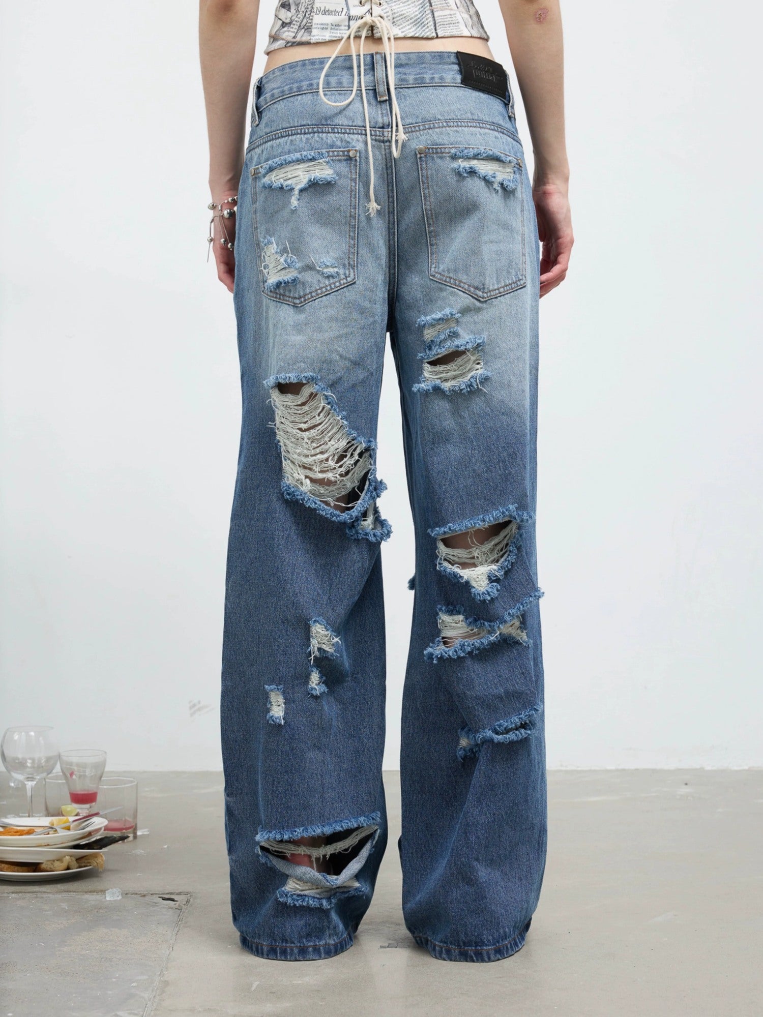 FULLTIDE Washed Casual Low Rise Wide Leg Zip Fly Loose Fit Stretch Blue Denim Jeans