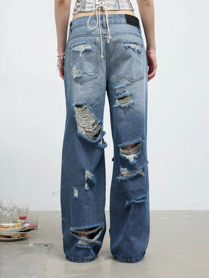 FULLTIDE Washed Casual Low Rise Wide Leg Zip Fly Loose Fit Stretch Blue Denim Jeans