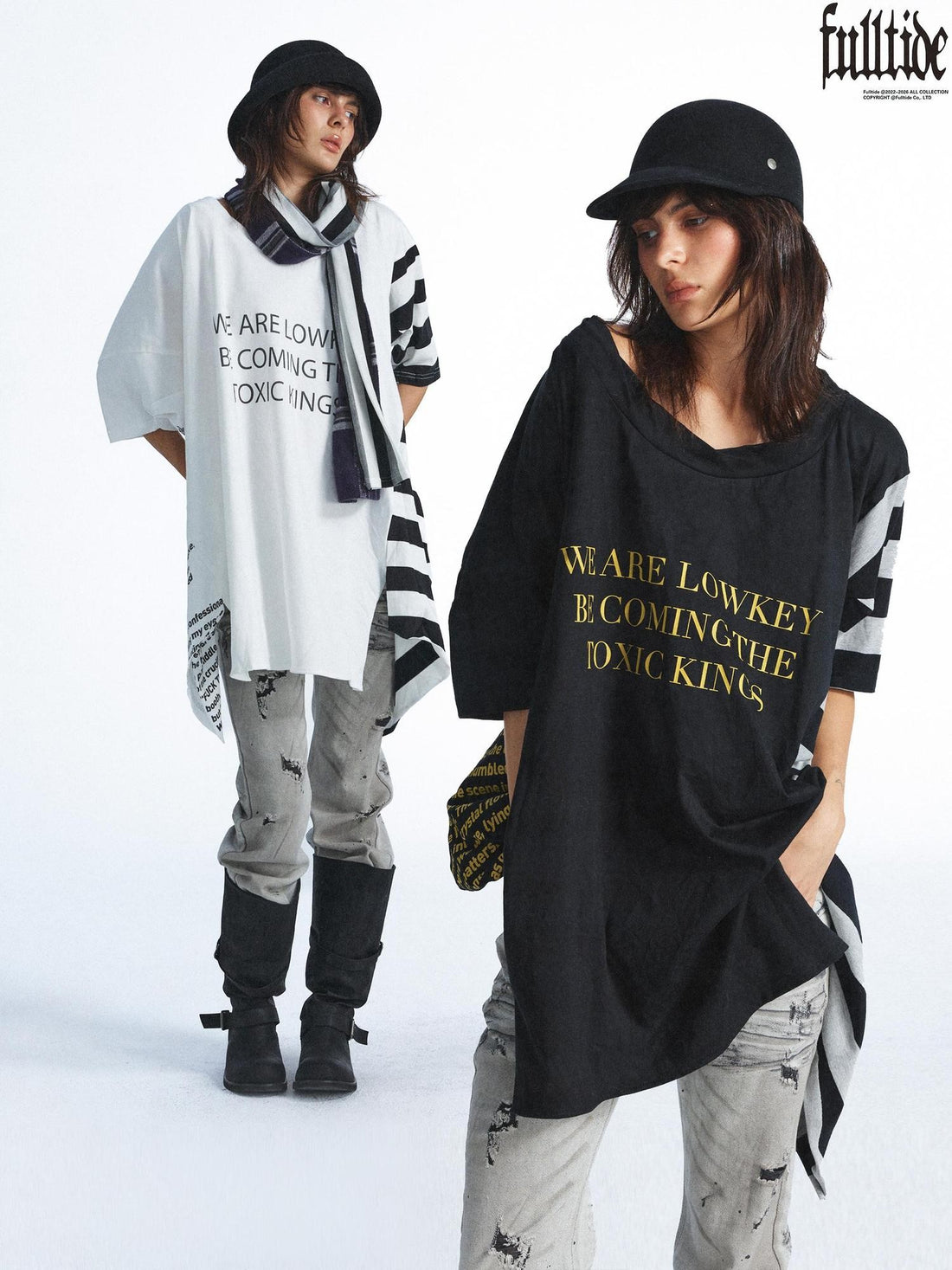 FULLTIDE Washed Distressed Letter Patchwork Asymmetric Women&