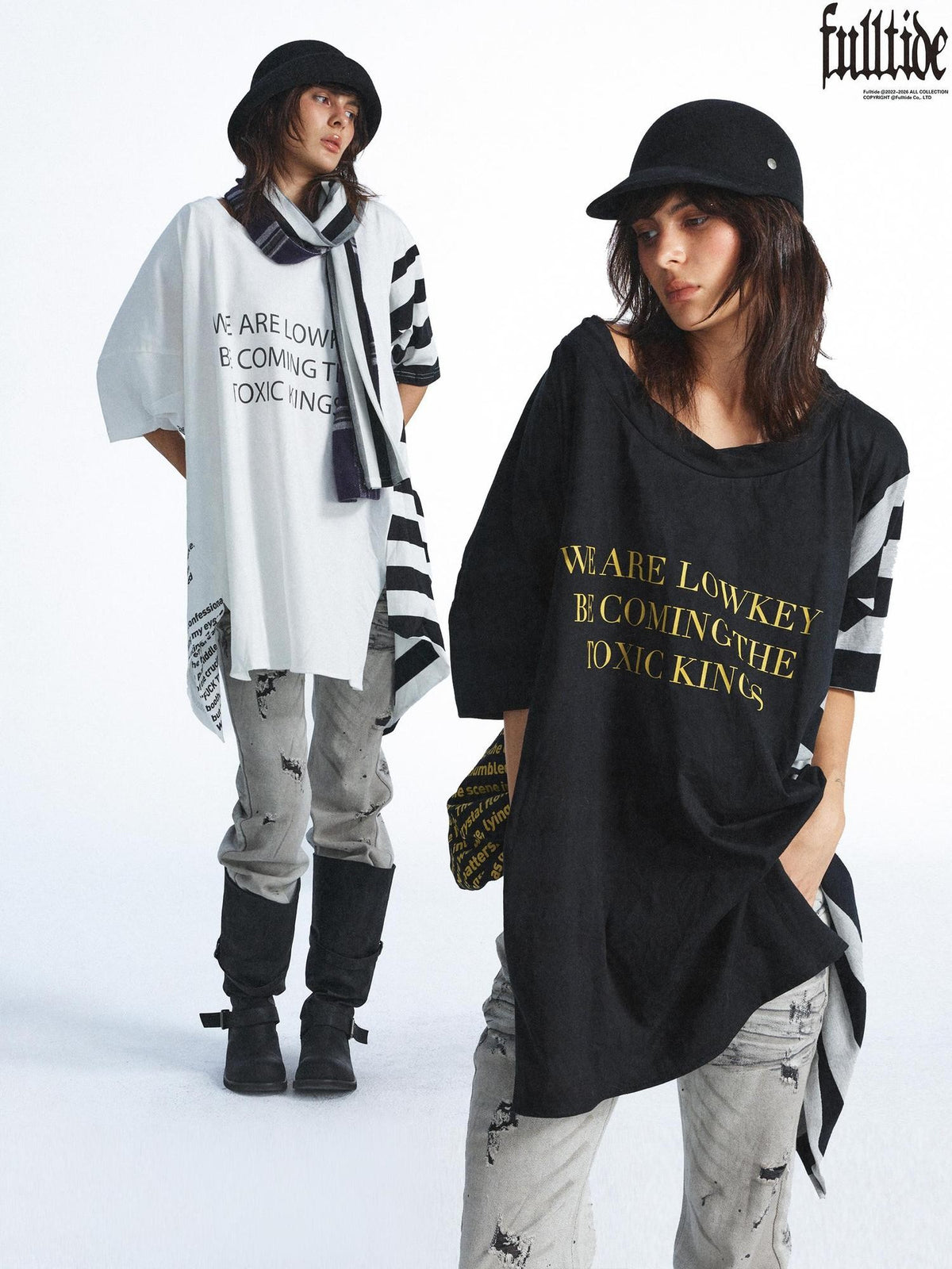 FULLTIDE Washed Distressed Letter Patchwork Asymmetric Women&