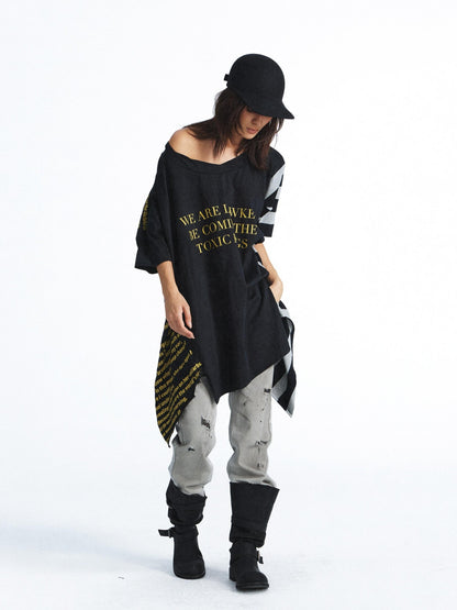 FULLTIDE Washed Distressed Letter Patchwork Asymmetric Women&