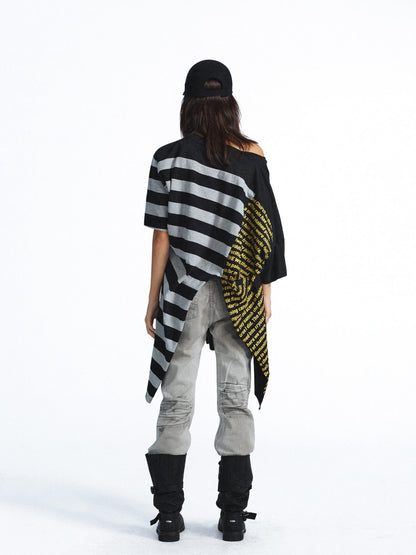 FULLTIDE Washed Distressed Letter Patchwork Asymmetric Women&