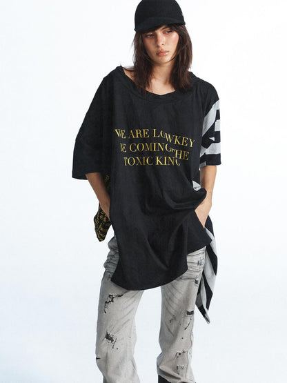 FULLTIDE Washed Distressed Letter Patchwork Asymmetric Women&
