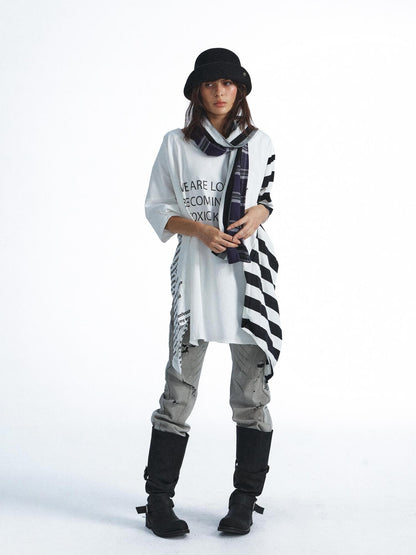 FULLTIDE Washed Distressed Letter Patchwork Asymmetric Women&