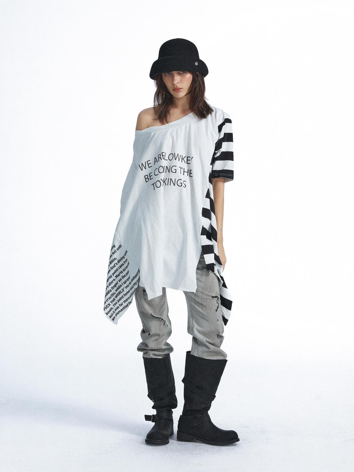 FULLTIDE Washed Distressed Letter Patchwork Asymmetric Women&