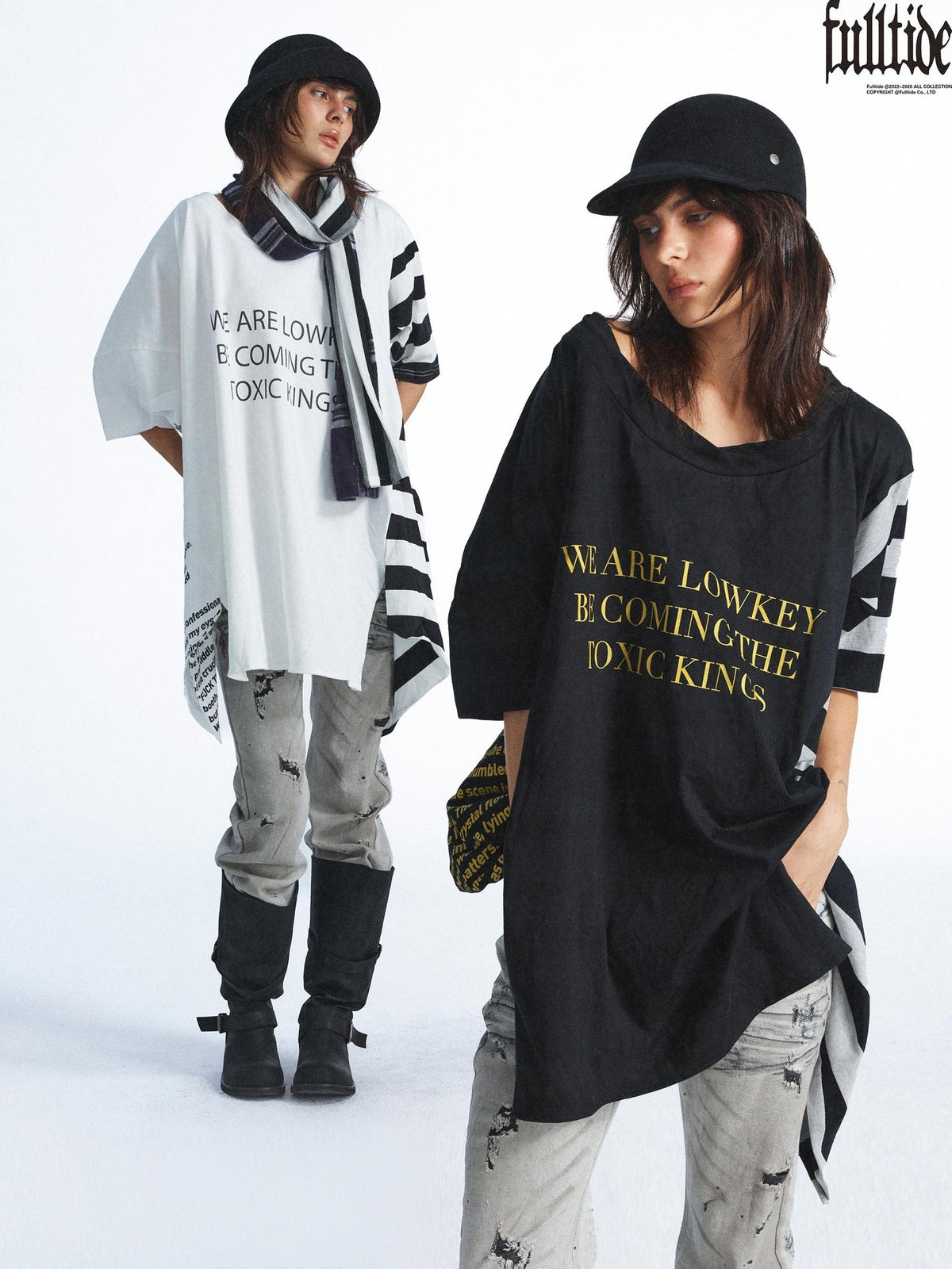 FULLTIDE Washed Distressed Letter Patchwork Asymmetric Women&