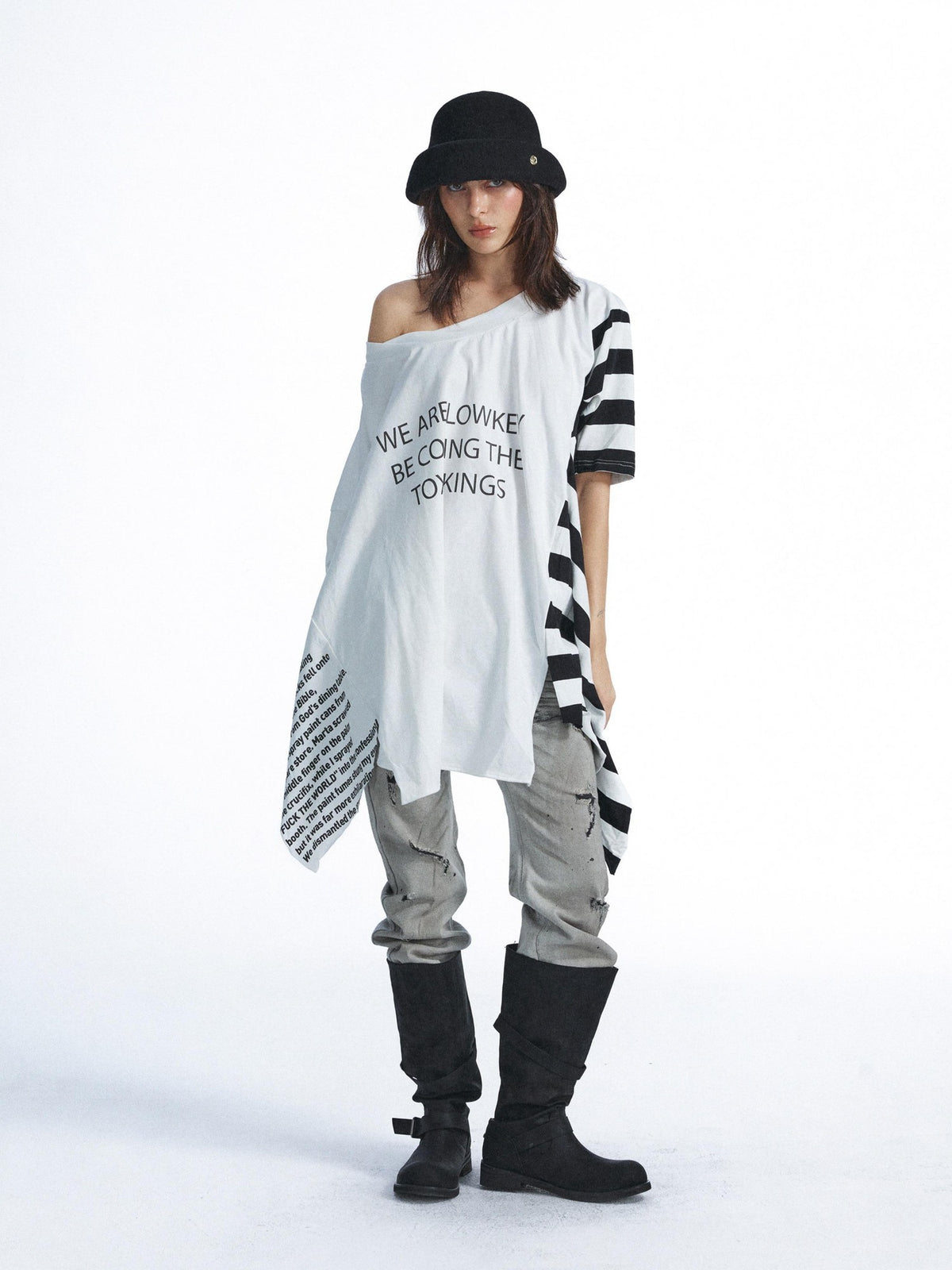 FULLTIDE Washed Distressed Letter Patchwork Asymmetric Women&