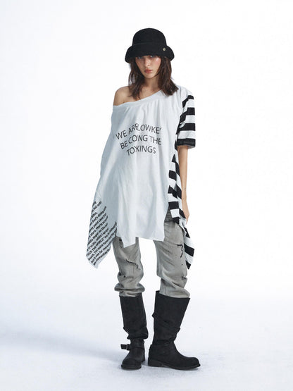 FULLTIDE Washed Distressed Letter Patchwork Asymmetric Women&
