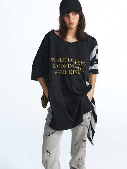 FULLTIDE Washed Distressed Letter Patchwork Asymmetric Women&