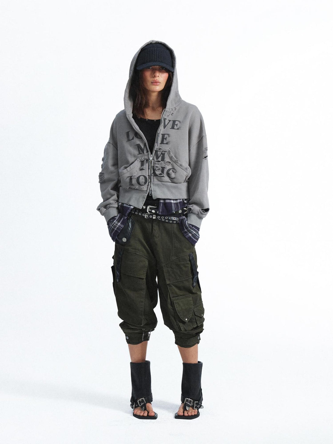 FULLTIDE Washed Distressed Multi Pocket Topstitch Tapered Women&