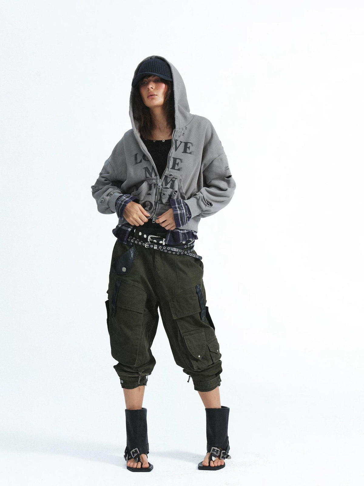 FULLTIDE Washed Distressed Multi Pocket Topstitch Tapered Women&
