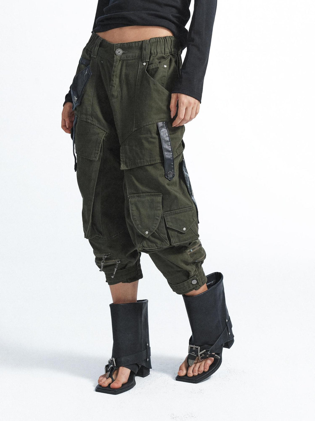 FULLTIDE Washed Distressed Multi Pocket Topstitch Tapered Women&