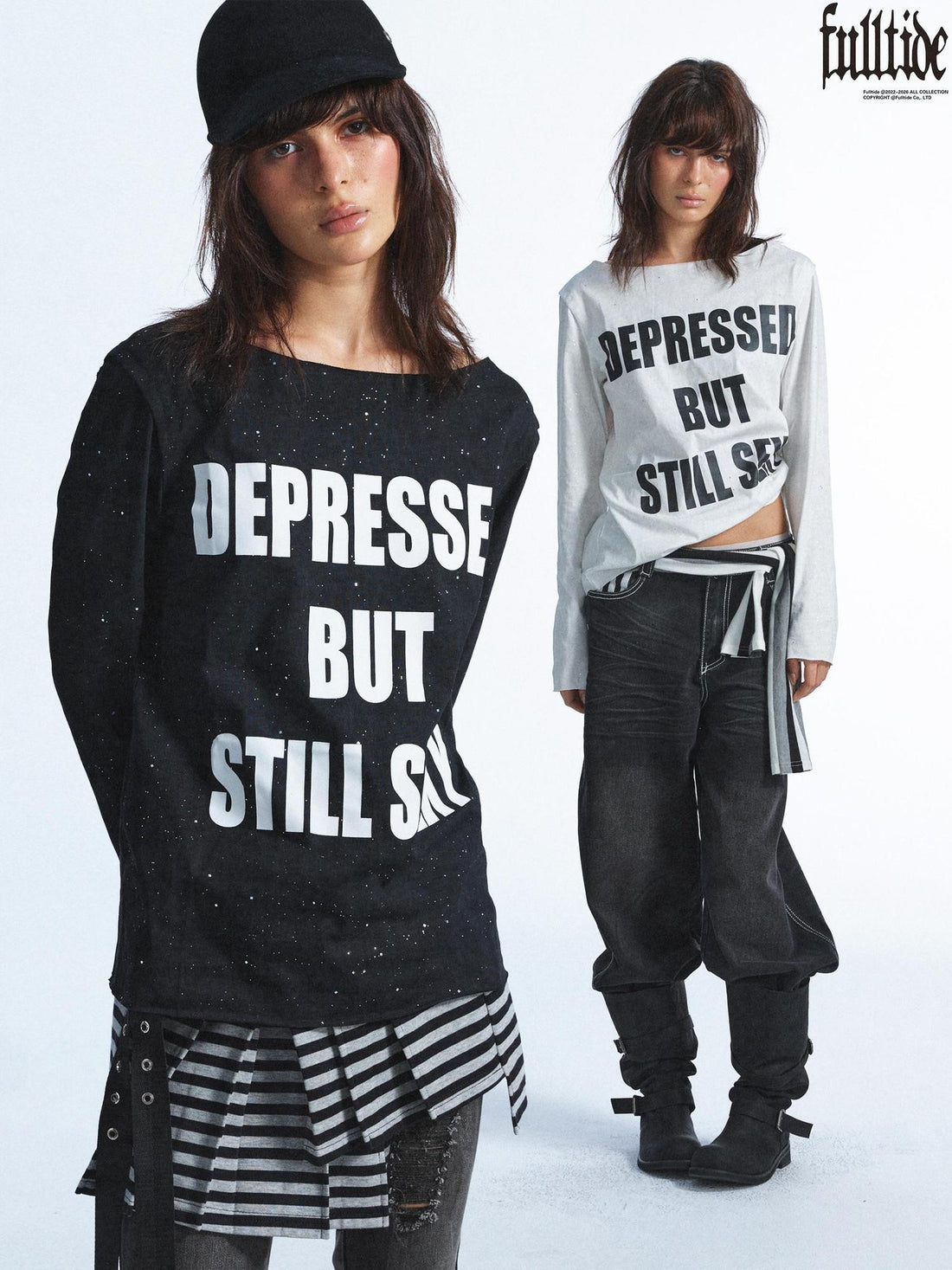FULLTIDE Washed Distressed Rhinestone Letter Print Women&
