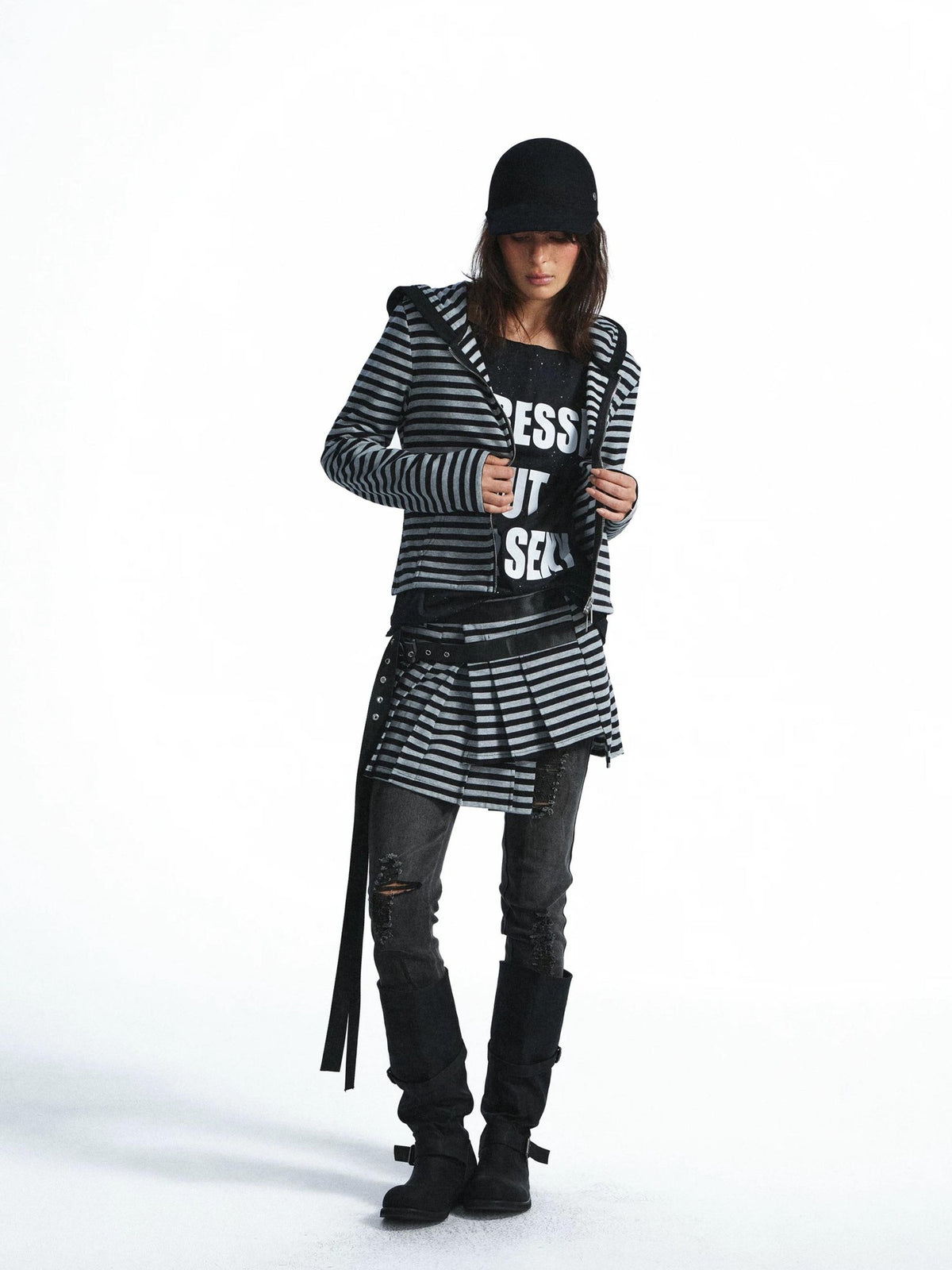 FULLTIDE Washed Distressed Rhinestone Letter Print Women&