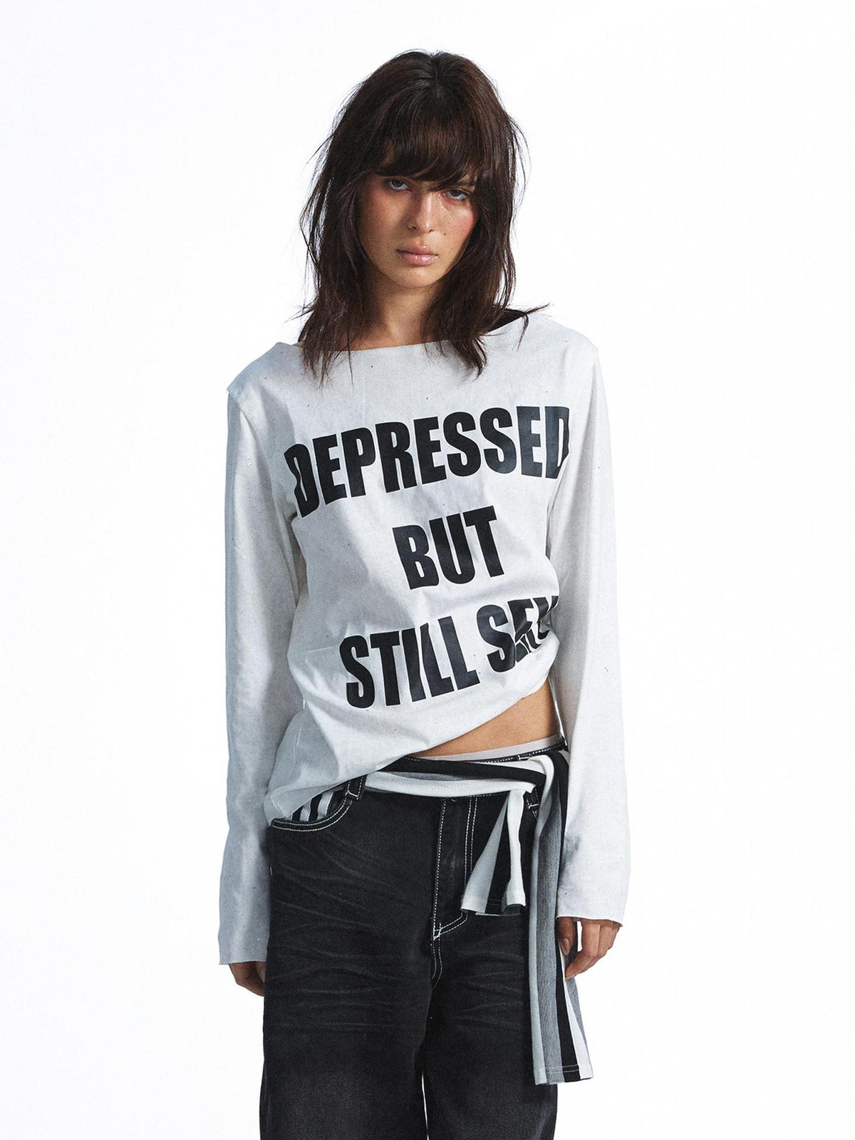 FULLTIDE Washed Distressed Rhinestone Letter Print Women&