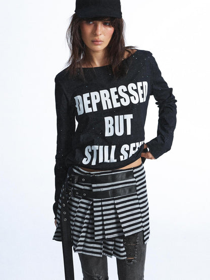 FULLTIDE Washed Distressed Rhinestone Letter Print Women&