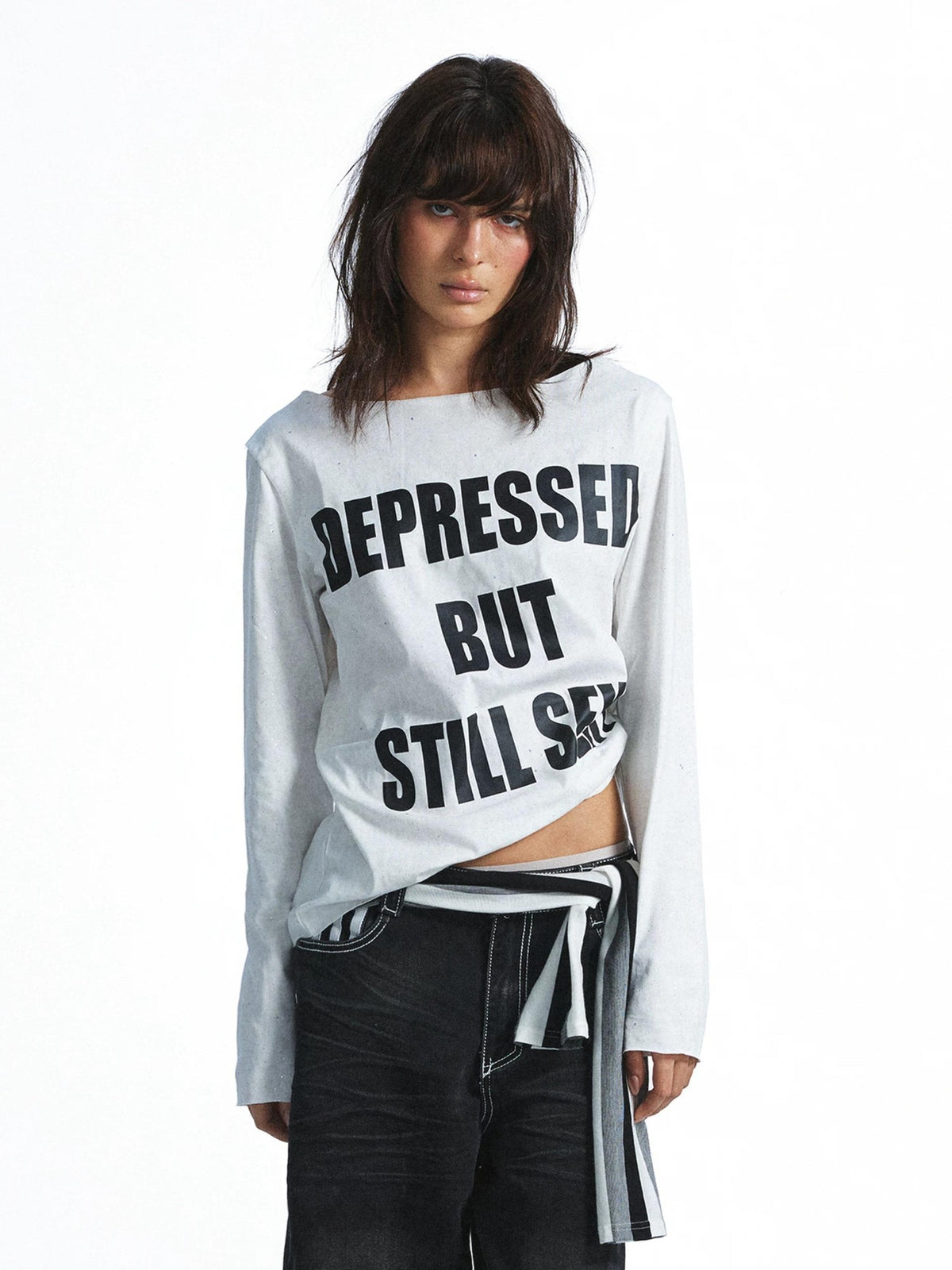 FULLTIDE Washed Distressed Rhinestone Letter Print Women&