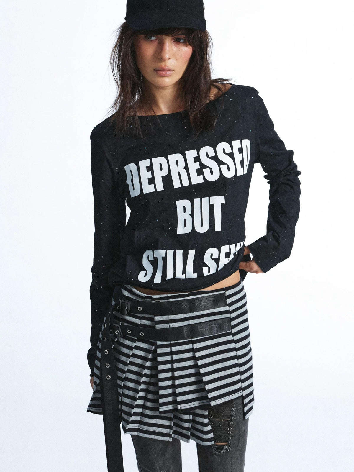 FULLTIDE Washed Distressed Rhinestone Letter Print Women&