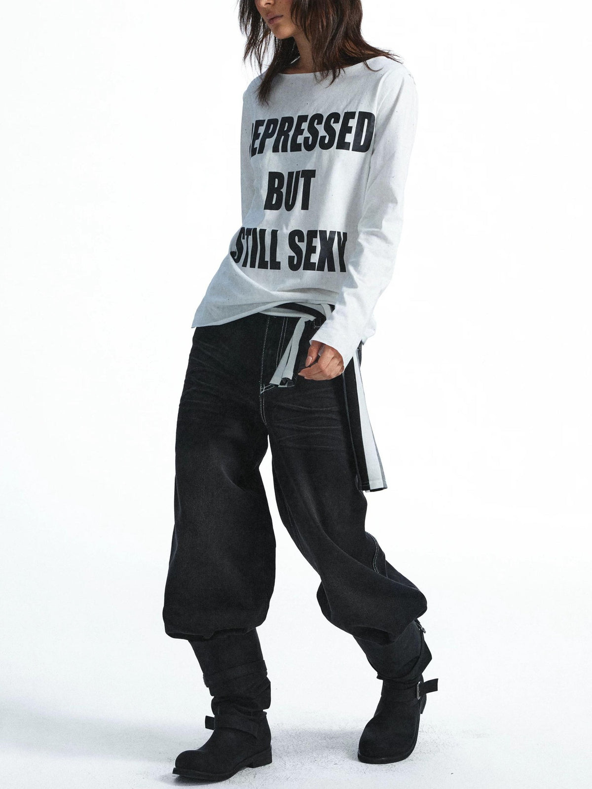 FULLTIDE Washed Distressed Rhinestone Letter Print Women&