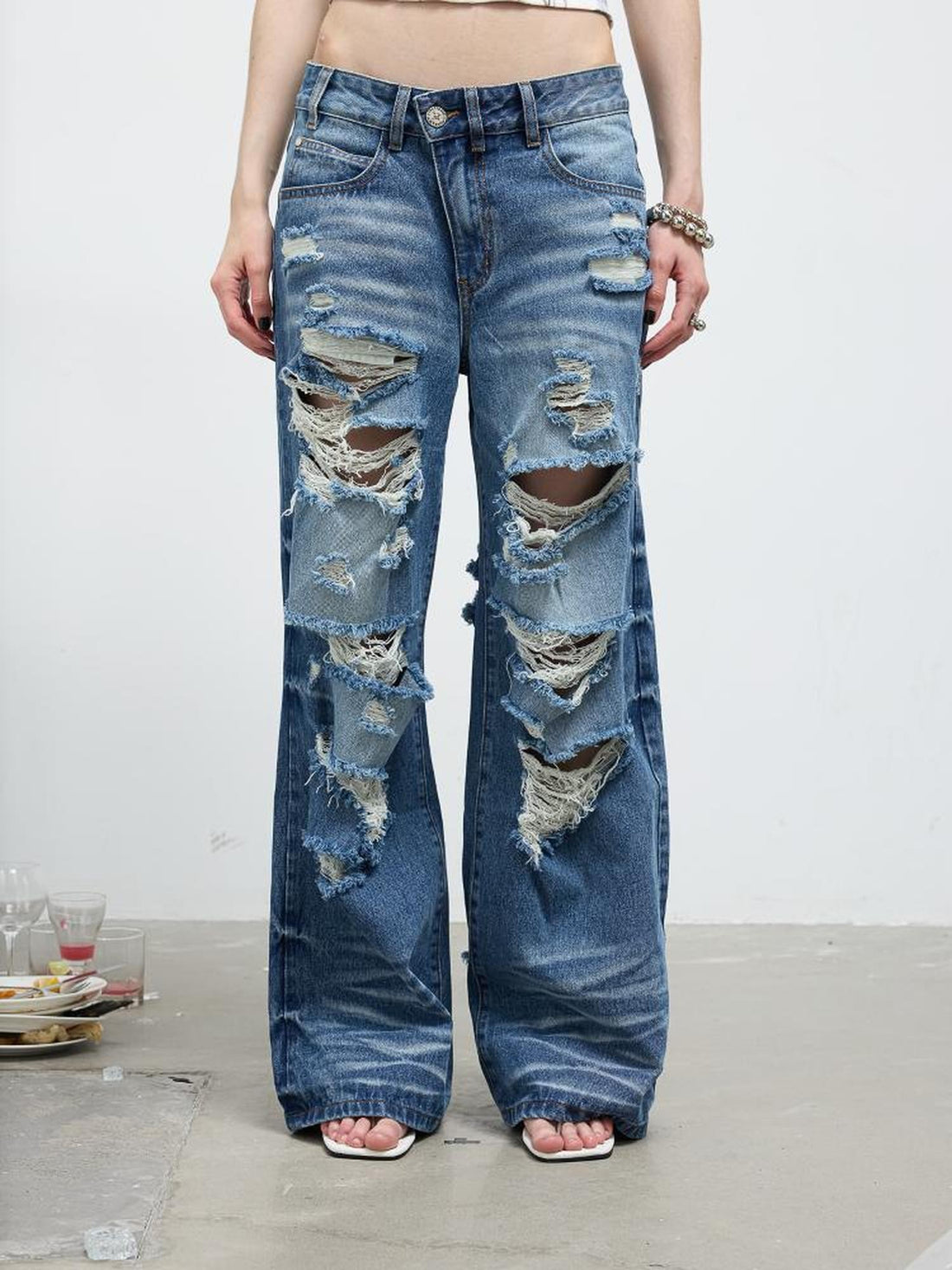 FULLTIDE Washed Distressed Wide Leg Low Rise Women&