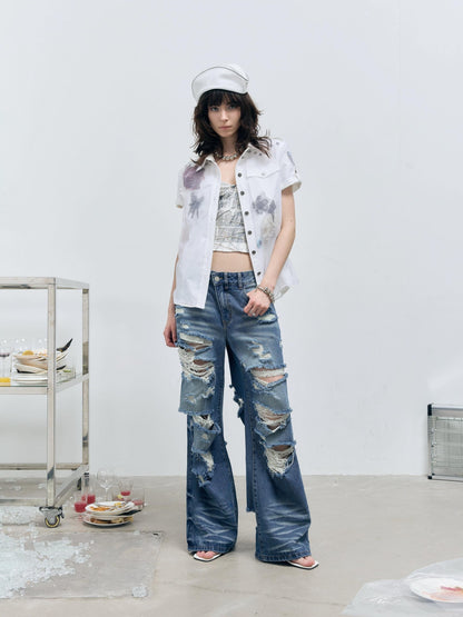 FULLTIDE Washed Distressed Wide Leg Low Rise Women&