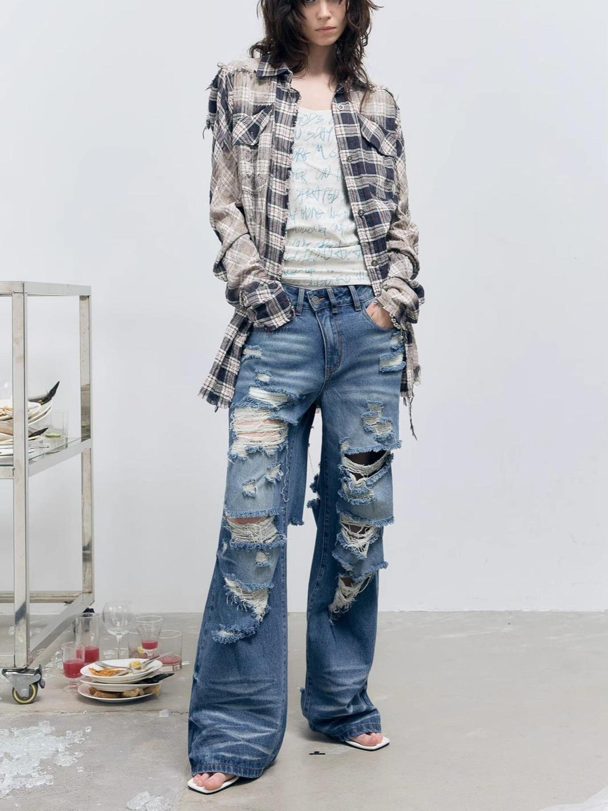 FULLTIDE Washed Distressed Wide Leg Low Rise Women&